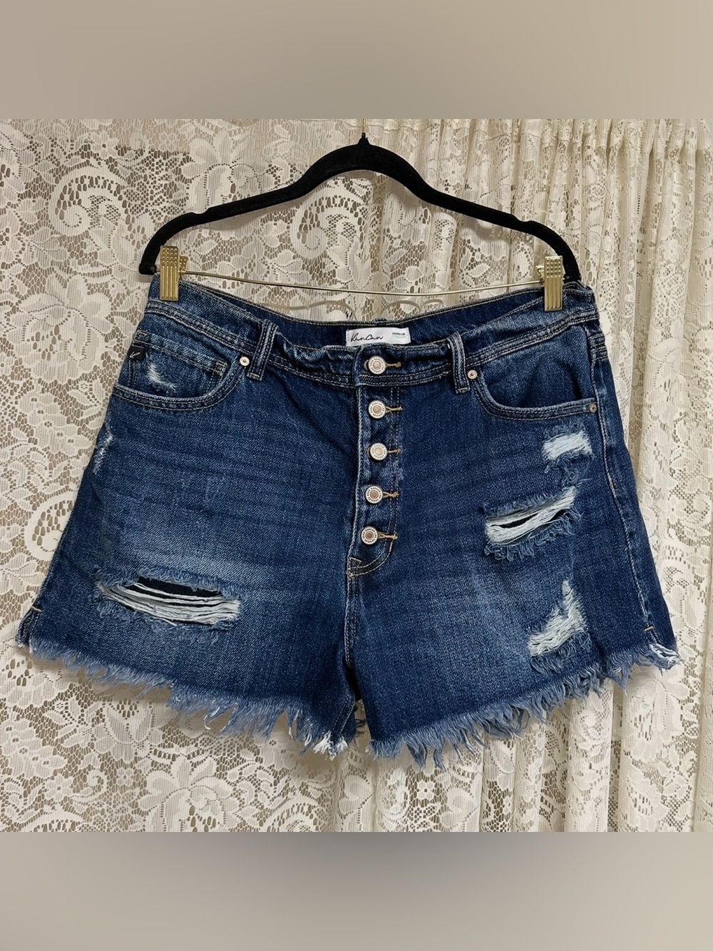 Kancan Women's Dark Blue Distressed Button-Front Denim Shorts